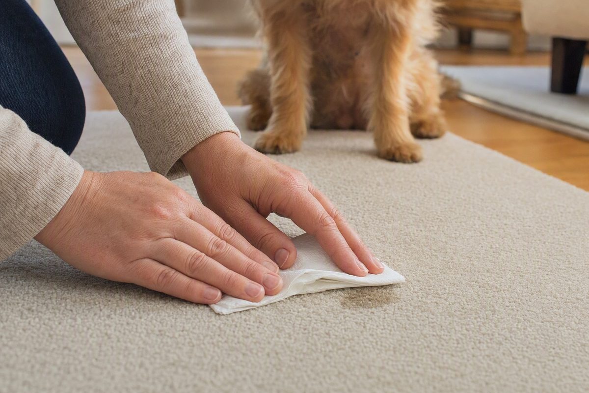 Two hands pressing a folded white paper towel onto a damp spot on a light beige carpet, with a small dog in the background