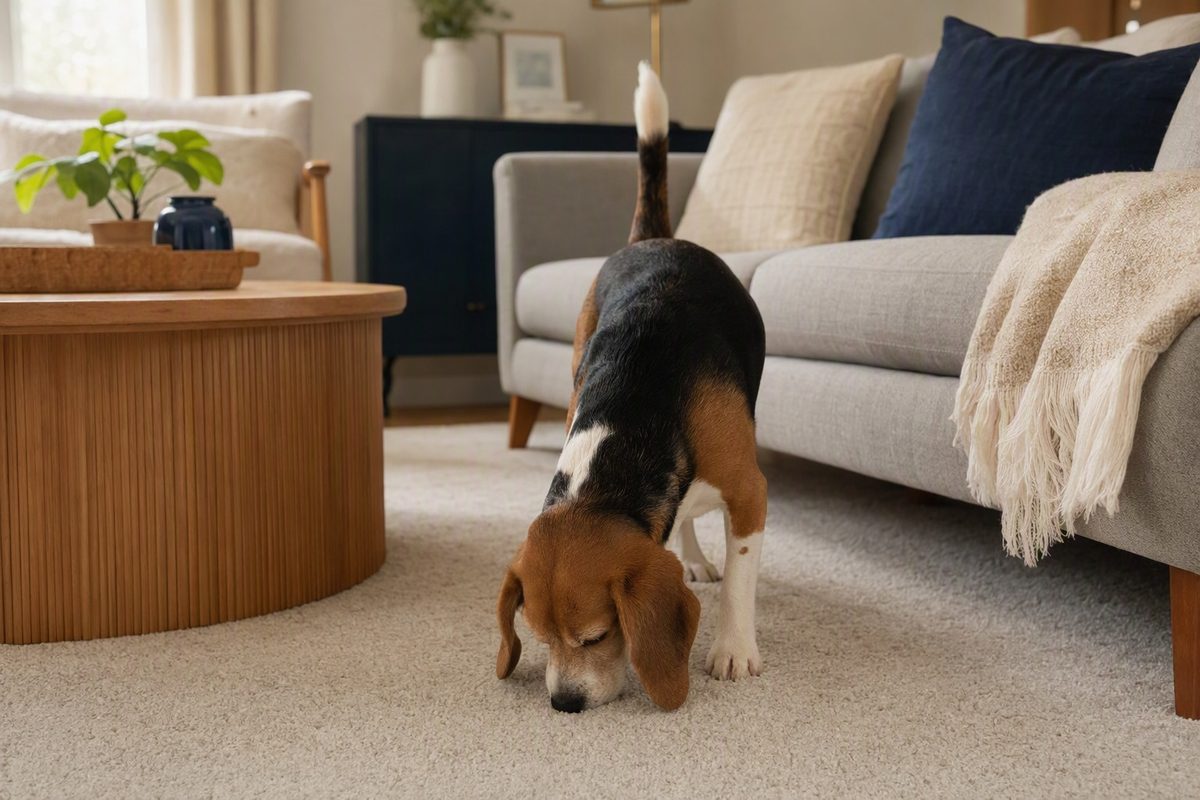 A beagle sniffing one spot on a light carpet near the corner of a sofa