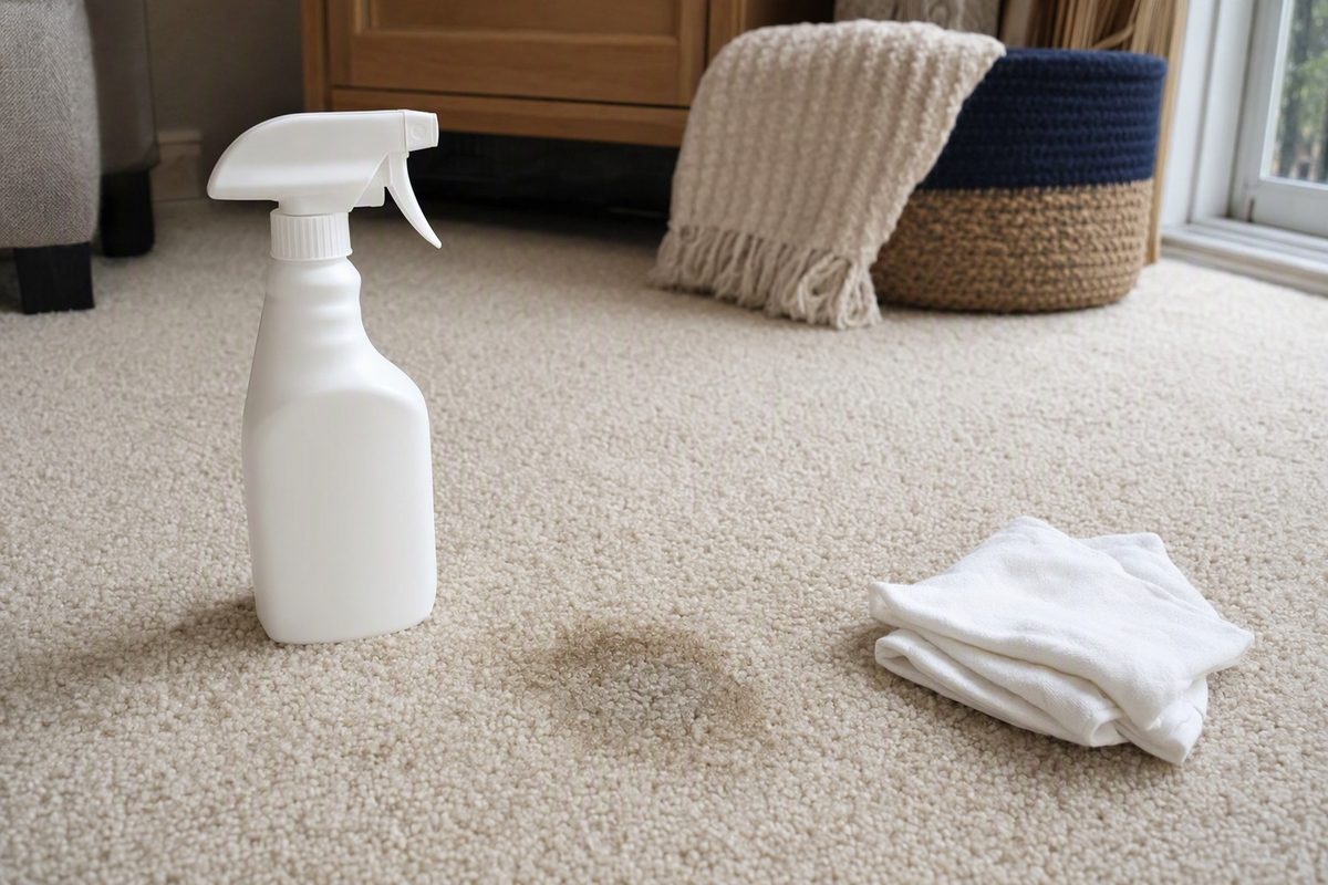 A plain white spray bottle beside a damp, blotted spot on a beige carpet, with a folded white cloth