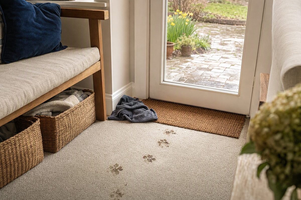 A trail of muddy dog paw prints on a light carpet leading in from a back door, with a towel and a mat by the door