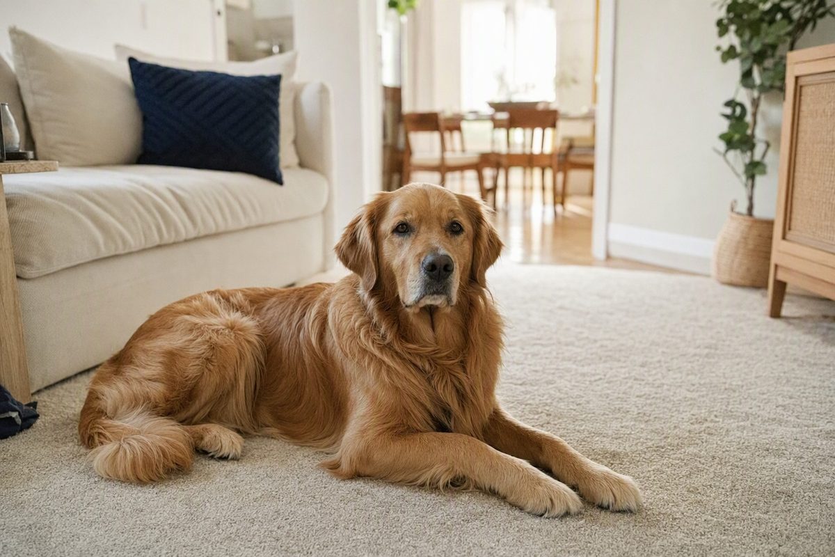 A golden retriever lying on a clean, light beige carpet in a bright living room