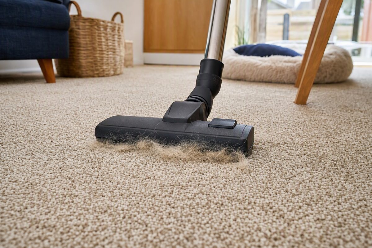 Close-up of a vacuum cleaner head passing over carpet and lifting tufts of light dog hair