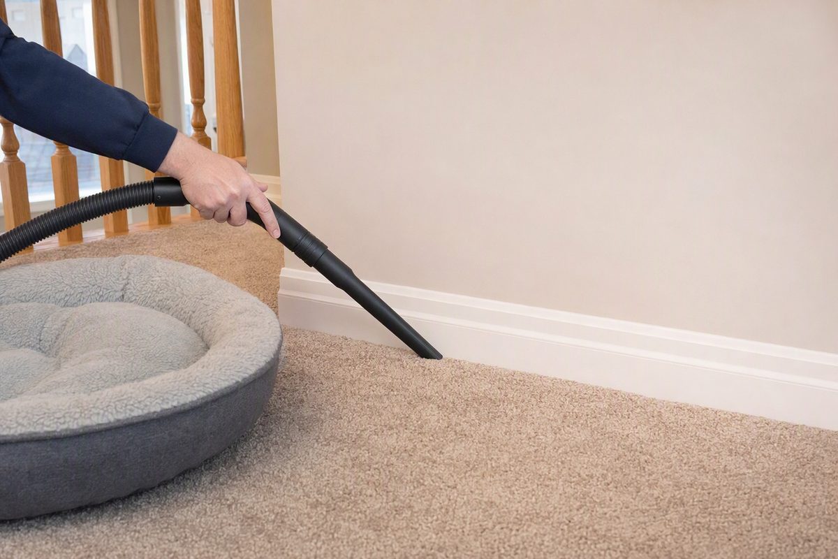 A vacuum crevice tool running along a white baseboard on carpet beside an empty dog bed